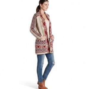 Lucky Brand Womens Southwestern Open Front Cardigan Sweater‎ Red Blue Beige S/P